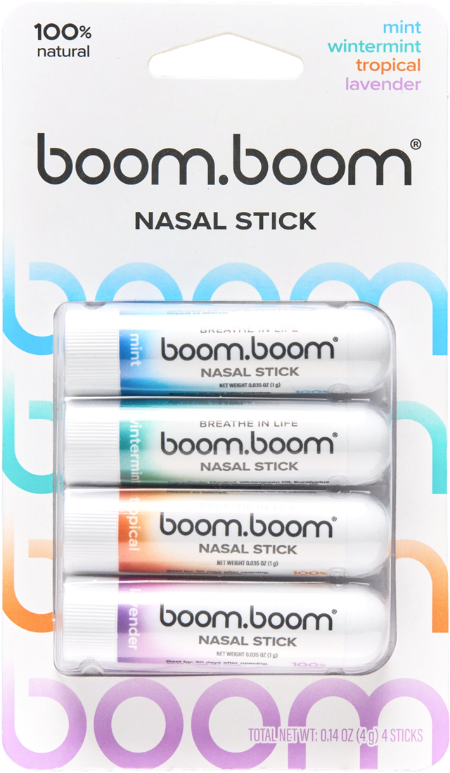 BoomBoom Nasal Stick variety 4-pack: mint, wintermint, tropical and lavender