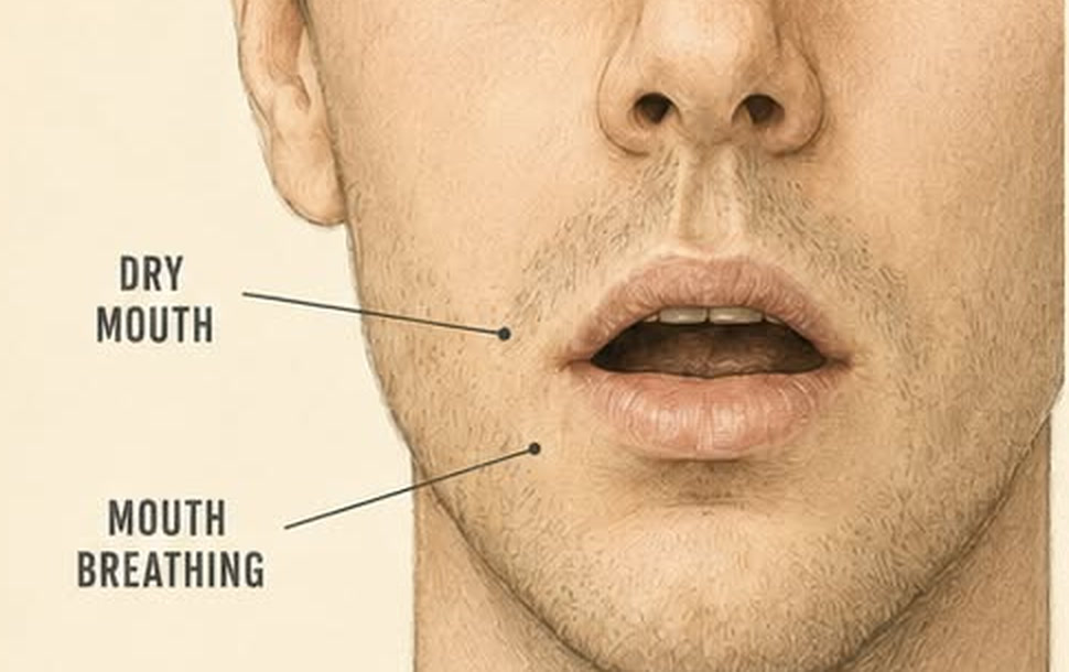 A man breathing through his open mouth, labeled dry mouth and mouth breathing