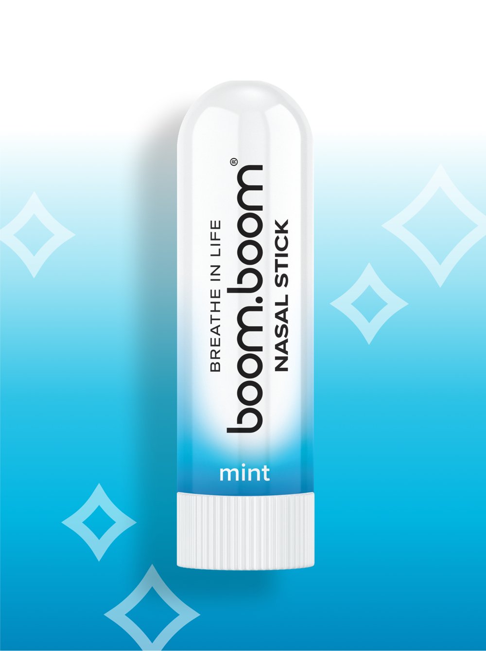 BoomBoom mint nasal stick on a blue gradient